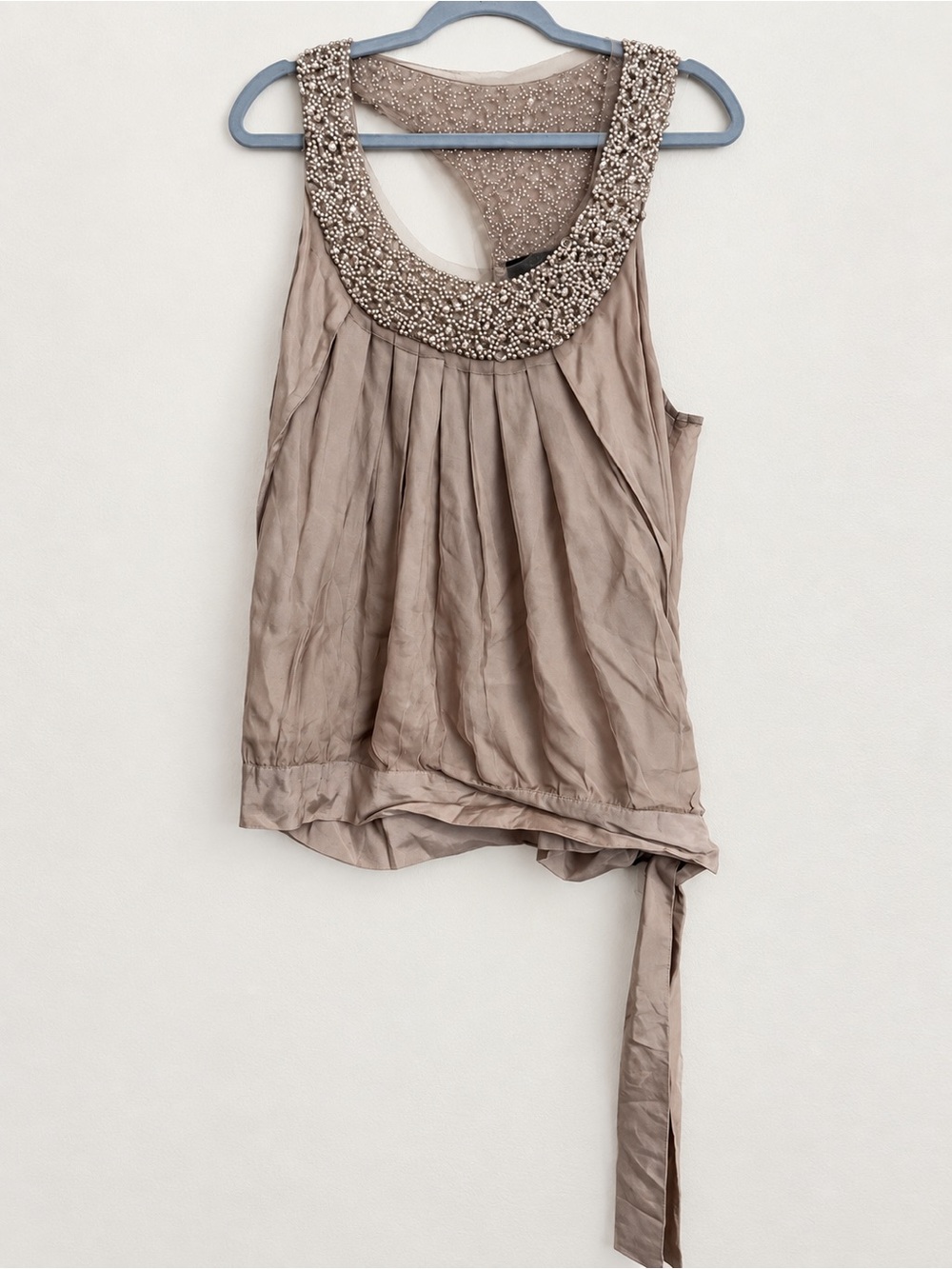 Blank London XS Taupe Beaded Sleeveless Blouse Tie Hem